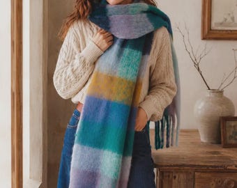 Écharpe duveteuse à blocs de couleurs, à carreaux et longues franges, châle d'hiver épais