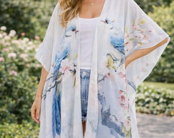 Blue-Multi Flowing Bird & Floral Kimono Cover-Up/Plus Size Designer Lightweight Resort Cover Up | Beach Kimono | Relaxed Loungewear