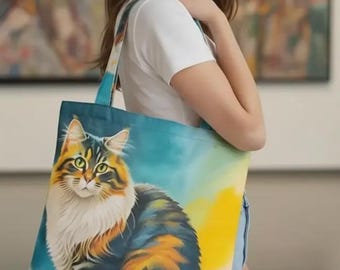 Teal & Orange Watercolor Tiger-Striped Cat Canvas Tote Bag