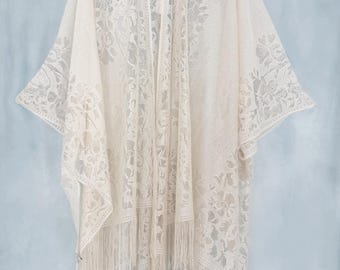 Boho Beige Floral Lace Kimono Cardigan: Sheer Summer Cover Up