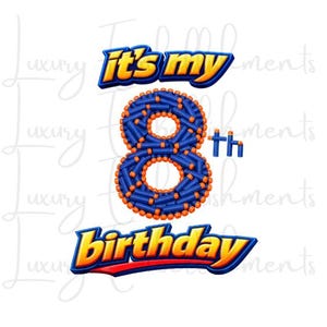 May include: A graphic design for an eighth birthday celebration. The design features the text "It's my" in blue and yellow, a large number "8" made of blue and orange objects, and the word "Birthday" in blue, yellow, and red.