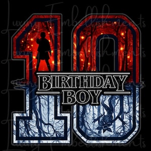 May include: A digital graphic featuring the number 10, with the words "BIRTHDAY BOY." The number 10 is filled with forest imagery and a Demogorgon, set against a black background. The design includes a silhouette of a person.