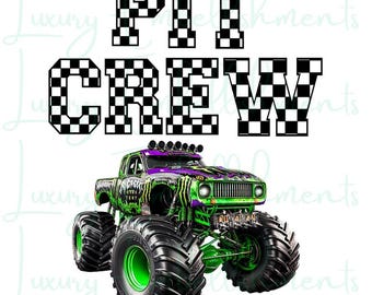 May include: A graphic featuring a monster truck with green and purple accents, and the words "PIT CREW" in a checkered pattern. The truck has large black tires with green rims and a detailed design.