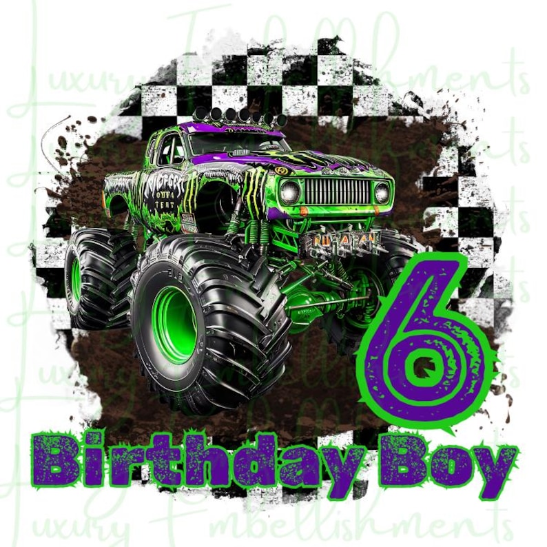 K&ouml;nnte beinhalten: Grafikdesign mit einem gr&uuml;nen und lila Monster Truck mit gro&szlig;en Reifen. Der Truck tr&auml;gt die Aufschriften "OUTTA CONTROL" und "RUMBLIN". Die Zahl "6" und die Worte "Birthday Boy" sind ebenfalls im Design enthalten, vor einem karierten Hintergrund.