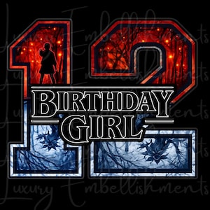 May include: A graphic design featuring the number 12 with a red and black forest scene, and the words "BIRTHDAY GIRL" in a white, outlined font. The number 1 has a silhouette of a person reaching out. The number 2 has a forest scene.