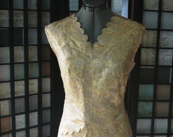 Vintage Gold Shift Dress Brocade With Scallop Detail Plus Size Vintage Dress