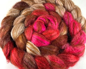 Spinning Fiber -Alpaca and Tussah Silk Combed Top  / Roving 4 oz - Chocolate Cherries