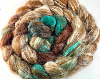 Spinning Fiber -Alpaca and Tussah Silk Combed Top  / Roving 4 oz - Mint Chocolate