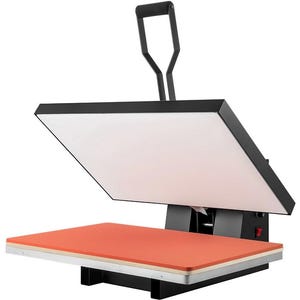 May include: A black and red heat press machine with a white heating element. The machine has a handle for lifting the top plate and a red power button. The bottom plate is red and the machine is on a black base.