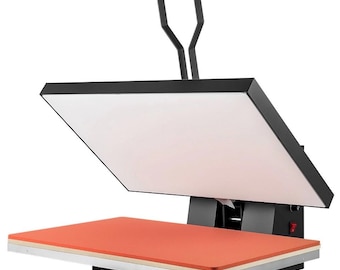 May include: A black and red heat press machine with a white heating element. The machine has a handle for lifting the top plate and a red power button. The bottom plate is red and the machine is on a black base.