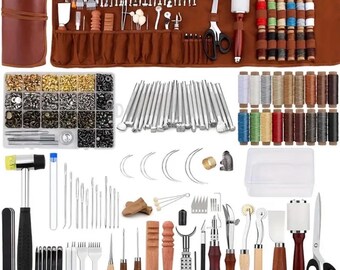 May include: Leather craft tool kit with a variety of tools, including awls, punches, needles, thread, and a hammer. The tools are organized in a brown leather roll and a clear plastic box.