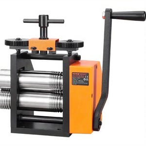 May include: A metal rolling mill with a black frame and orange accents. The mill has two large, cylindrical rollers and a hand crank for operation. The VEVOR logo is visible on the orange housing.