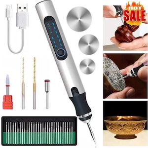 May include: A silver and black rotary tool kit with various attachments, including drill bits, grinding stones, and small saw blades. A USB charging cable is included. The kit is designed for detailed carving and engraving projects.