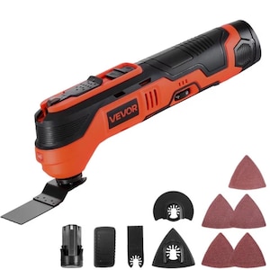 May include: An orange and black VEVOR oscillating multi-tool with multiple attachments, including blades and sanding pads. The tool has a black handle and an orange body with the brand name "VEVOR" printed on the side. Several accessories are included.