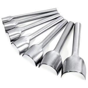 May include: A set of six silver-colored leathercraft tools, arranged in a fan shape. Each tool has a long, slender handle and a curved, semi-circular cutting edge. The tools are made of metal and appear to be new.