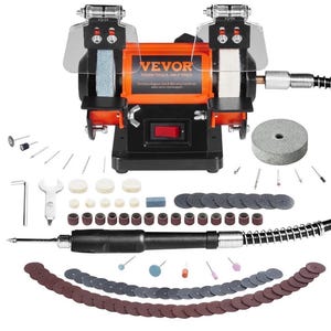 May include: A black and orange bench grinder with two grinding wheels and protective shields. The grinder has the text "VEVOR TOUGH TOOLS, HALF PRICE". Various accessories, including grinding bits and polishing pads, are arranged around the grinder.