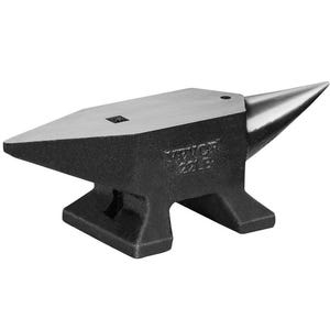 May include: A black anvil with a silver top and a pointed horn. The anvil has a rectangular work surface with a square hole and a raised base. The anvil is made of cast iron and weighs 22 lbs.