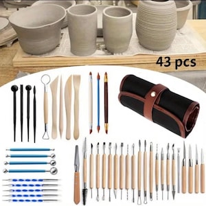 43pcs Professional Pottery and Polymer Clay Sculpting Tools Set, Wooden Handle Carving, Modeling, Smoothing & Measuring Kit for Ceramic Art.