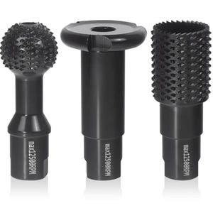 May include: Three black rotary tools with different shaped heads. The heads are a ball, a flat disc, and a cylinder with a serrated edge. Each tool has a label that reads "max12500rpm".