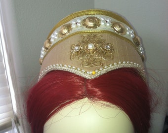 Women's Elizabethan, Renaissance, Italian Escoffion with Authentic Freshwater Pearls.