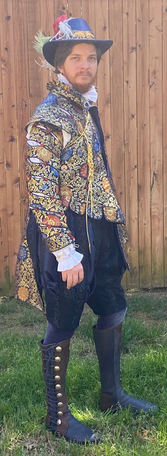 Men's Elizabethan ENSEMBLE Doublet with Spiral Paned Sleeves, Paned Slops, and Short Cape, Renaissance Costume, Made To Order
