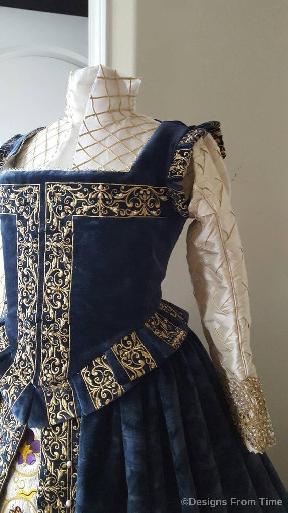 Women's Gown with Spanish Sleeves PLUS SIZES AVAILABLE Custom Embroidery, Elizabethan Dress, Costume,  (Made To Order)  Labor Fees