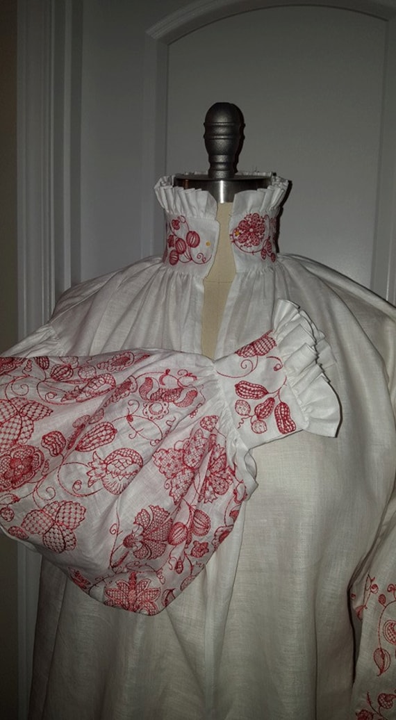 Mid-Thigh Length Smock Italian Linen, Handkerchief Weight, Women's Shirt with Redwork, Renaissance, Elizabethan - Made To Order
