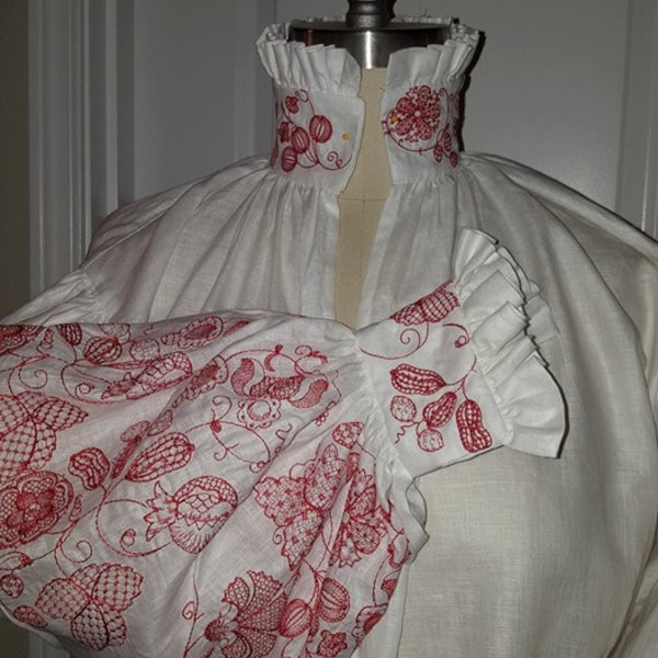 Mid-Thigh Length Smock Italian Linen, Handkerchief Weight, Women's Shirt with Redwork, Renaissance, Elizabethan - Made To Order