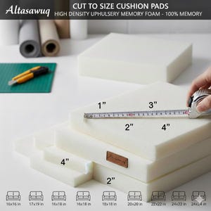 May include: Several white foam cushion pads are shown, with a measuring tape indicating a 5 cm width. Text reads "CUT TO SIZE CUSHION PADS" and "HIGH DENSITY UPHULSERY MEMORY FOAM - 100% MEMORY". Sofa size suggestions are also included.