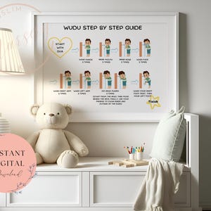 Afdrukbare wudu-grafiek, islamitische kinderkunst aan de muur, stapsgewijze wudu-gids, moslim kinderkamer, inrichting kinderkamer, leren kinderen, ouders vinden, onderwijzen wudu