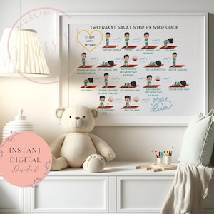 Afdrukbare Salat-grafiek, islamitische kinderkunst aan de muur, stap-voor-stap Salat-houdingen, moslim kinderkamer decor, kinderkamer decor, islamitische kunst aan de muur, kinderen leren