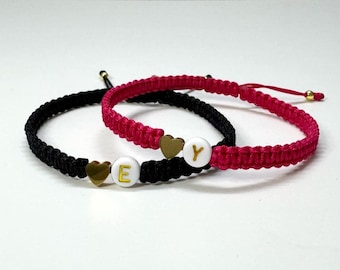 Set of 2 Personalized Couple matching bracelets with Gold Heart, Custom initials bracelet, Couples and friendship matching bracelet set gift