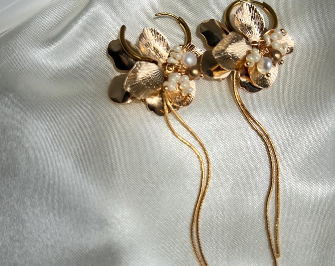 Gold Floral Drop Earrings for Weddings & Bridal, Orchid Pearl Statement Dangle Earrings for Gifts