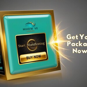 May include: A gold box with a teal front that says "Mindwave Studios" and "Start Manifesting". There is a button that says "Buy Now". The box is surrounded by a bright light effect. The text "Get Your Package Now!" is in the top right corner.
