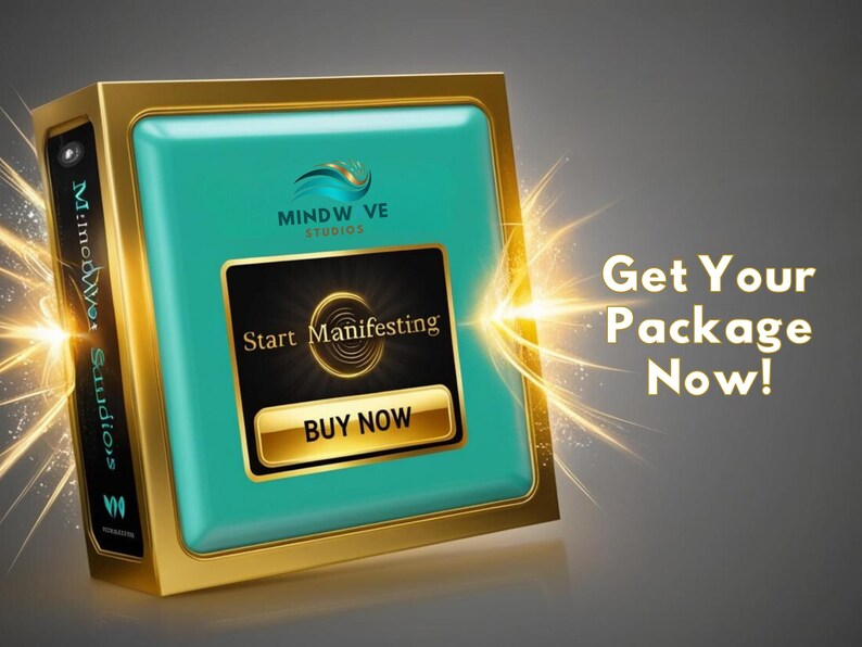 May include: A gold box with a teal front that says "Mindwave Studios" and "Start Manifesting". There is a button that says "Buy Now". The box is surrounded by a bright light effect. The text "Get Your Package Now!" is in the top right corner.