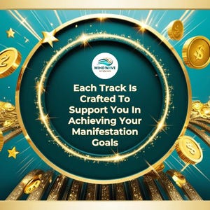 May include: A teal blue background with a gold circle and the text "Each Track Is Crafted To Support You In Achieving Your Manifestation Goals". The circle has a smaller blue circle with the text "Mindwave Studios" inside. The background is decorated with gold stars and dollar signs.