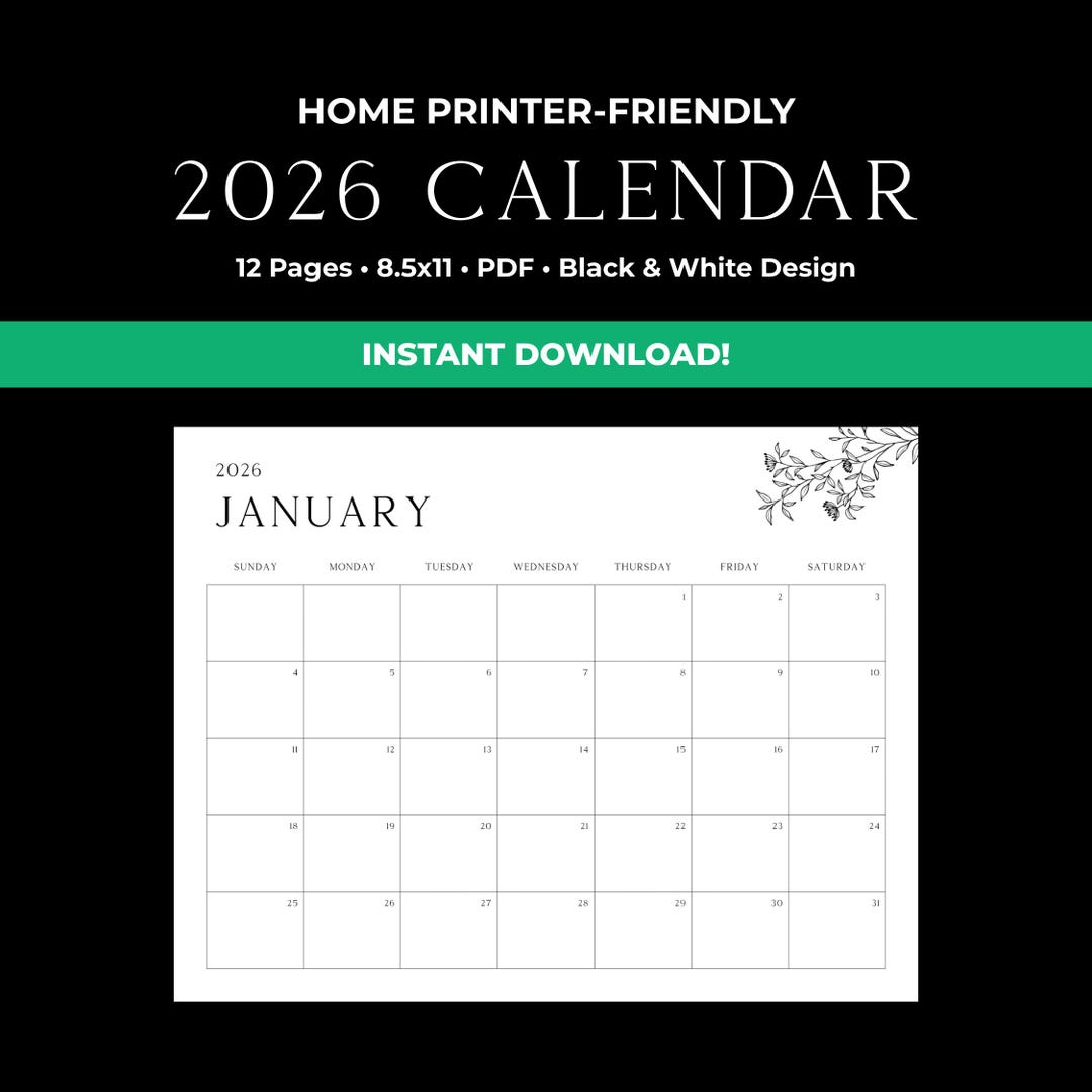 2026 Printable Monthly Calendar Minimalist Design Print at Home - Etsy