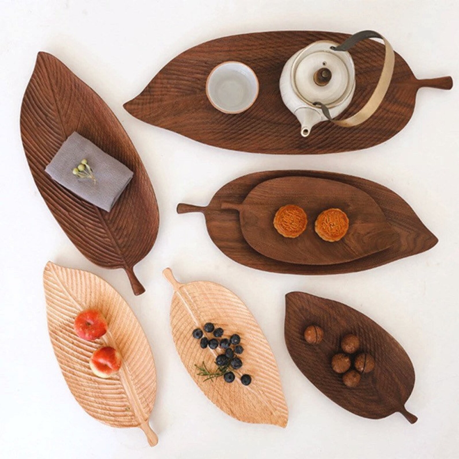 Rustic Wooden Leaf Serving Trays Handmade Walnut Fruit Dishes Etsy
