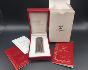 Vintage Cartier Lighter: Godron Silver-Tone - Full Set - Working