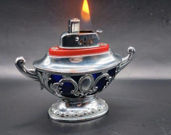Vintage Occupied Japan Table Lighter – Ornate Blue Glass & Chrome – Unique Push Mechanism