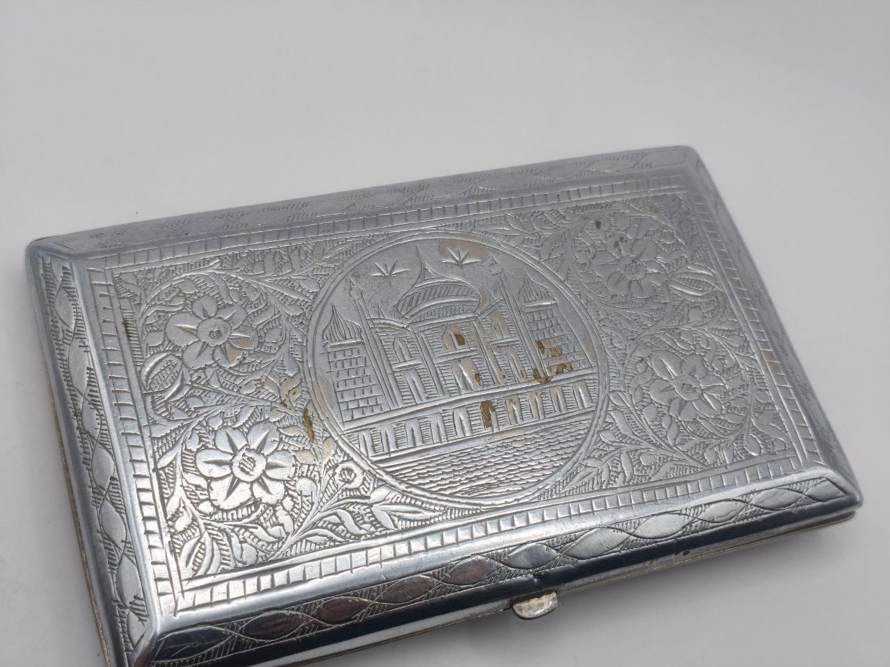 Vintage Engraved Metal Cigarette Case – Middle Eastern Palace Motif – Large  Silver-tone Case
