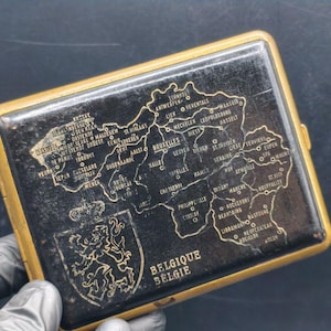 Vintage Black Leather Cigarette Case – Belgium Map Design – Gold Tone Frame