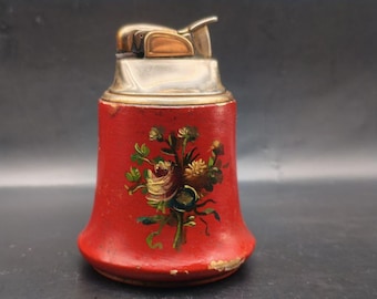 Vintage Evans Table Lighter – Red Floral Design – Made in USA – Mid Century Tobacciana