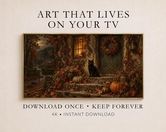 Black Cat at Cottage Door Frame TV Art, Autumn Gothic Landscape (Digital Download)