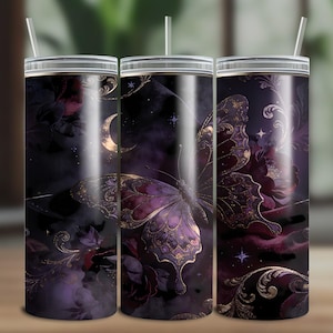 Dark Butterfly Moon Floral Design, Gothic Celestial 20oz Skinny Tumbler Wrap Sublimation PNG (Digital Download)