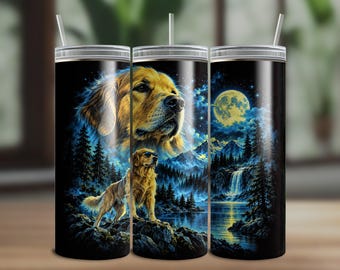 Vintage 90s Dog Tumbler Wrap, Fantasy Night Dog Design, Retro Wildlife Sublimation Art (Digital Download)