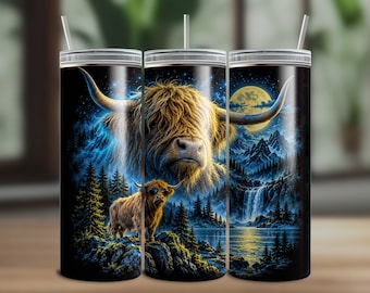 Vintage 90s Highland Cow Tumbler Wrap, Fantasy Night Cow Design, Retro Western Wildlife Art (Digital Download)