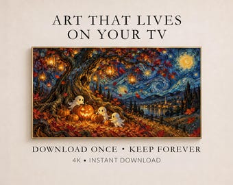 Halloween Frame TV Art, Van Gogh Starry Night Ghosts Pumpkins (Digital Download)