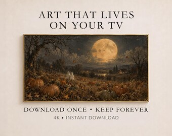 Ghosts Beneath the Harvest Moon Frame TV Art, Halloween Pumpkin Landscape (Digital Download)