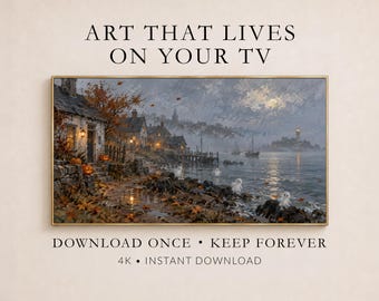 Coastal Ghosts Frame TV Art, Halloween Harbor Landscape (Digital Download)